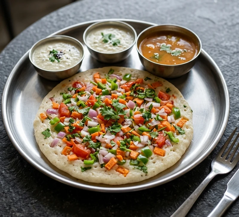 Mix Veg Uthappam, a vegetarian South Indian dish at Virunthu on 52 Street SE, Calgary