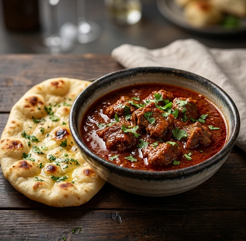 Lamb Vindaloo with Butter Naan at Virunthu Indian restaurant, Calgary